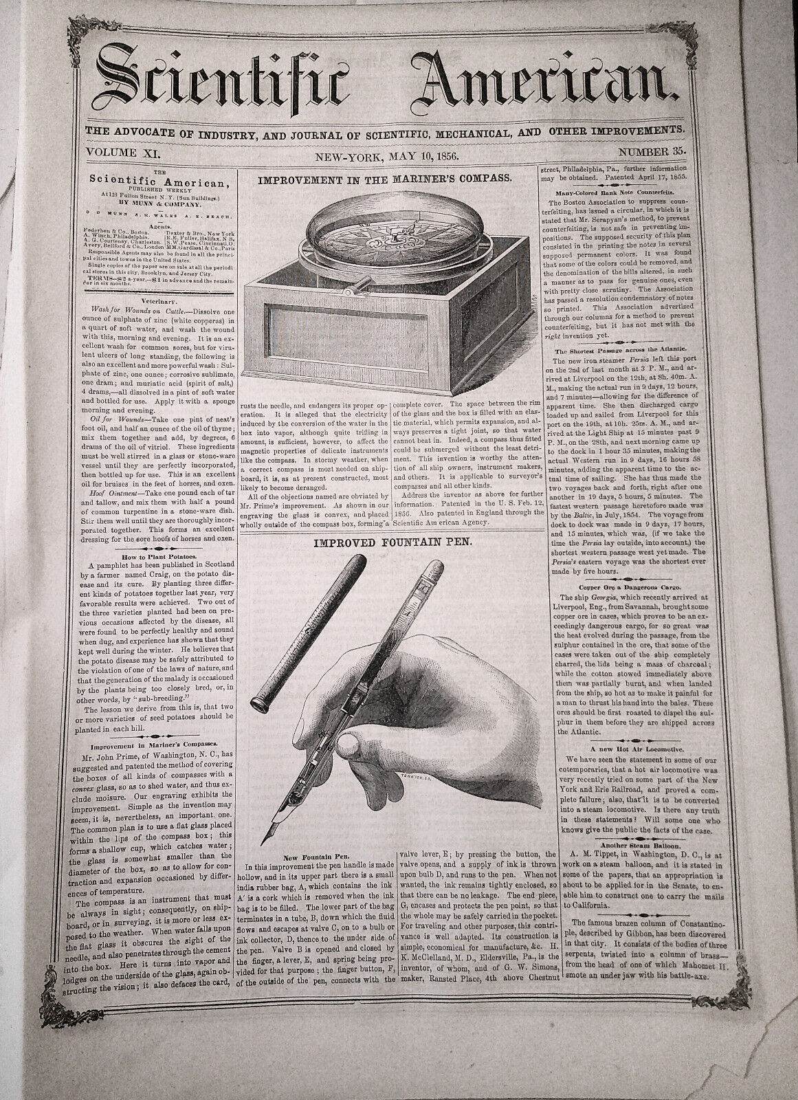 Scientific American, May 10, 1856. Improvements: Mariner's compass; fountain pen