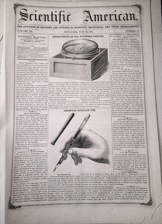 Scientific American, May 10, 1856. Improvements: Mariner's compass; fountain pen