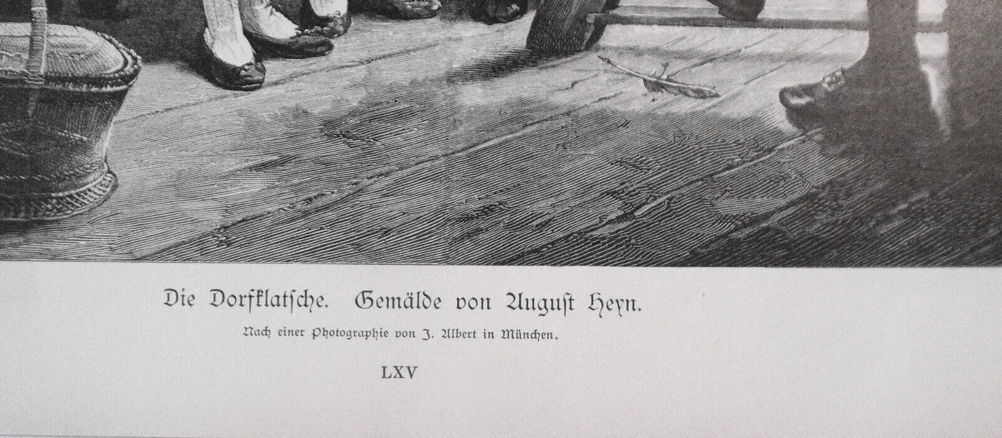 Die Dorfklatsche, by August Heyn  --  1886 -- Original antique print. 16x11 inch