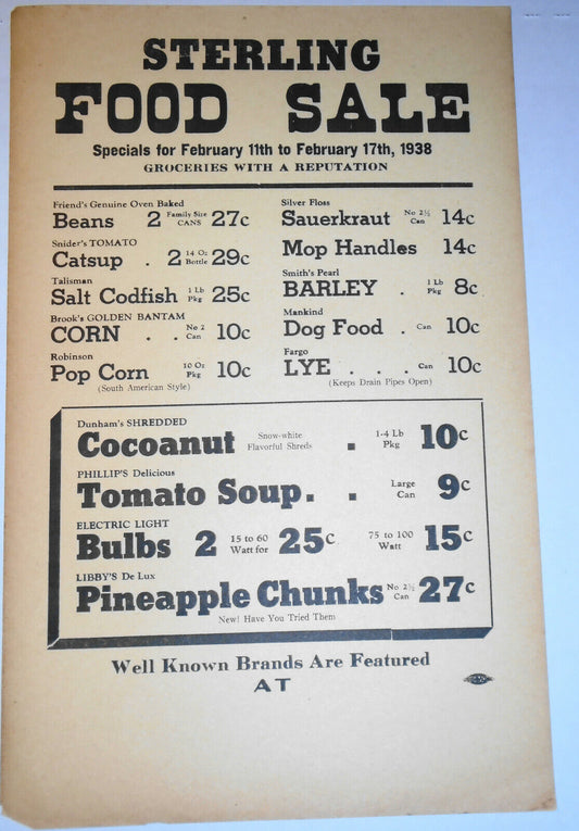 1938 Sterling Food Sale market flyer