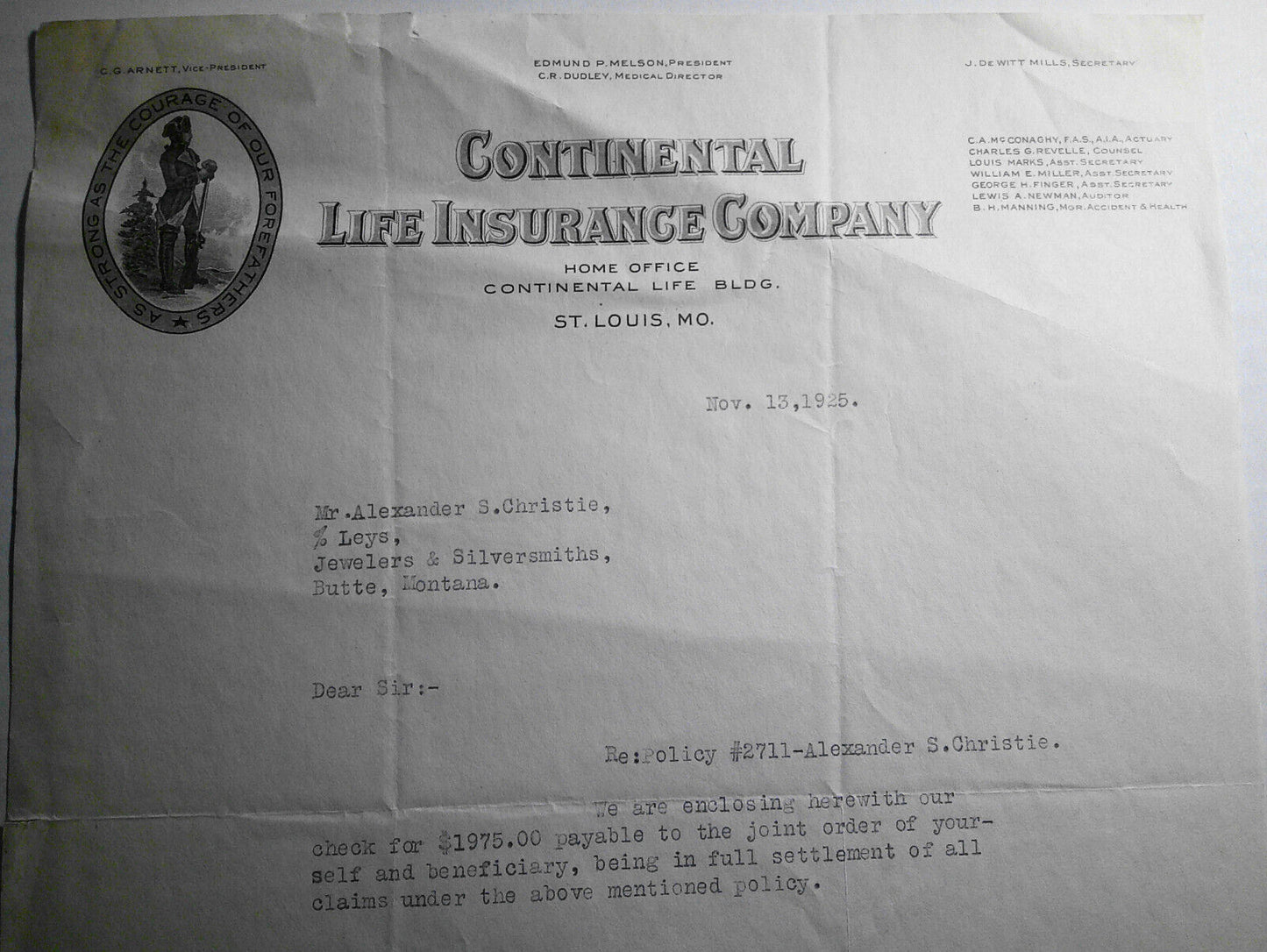 1925 Continental Life Insurance Company, St. Louis, MO, settlement letter