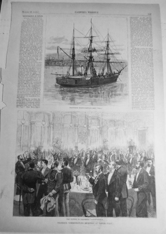 Professor Nordenskjold at Naples Italy. Ship "Vega" and Reception. 1880 original