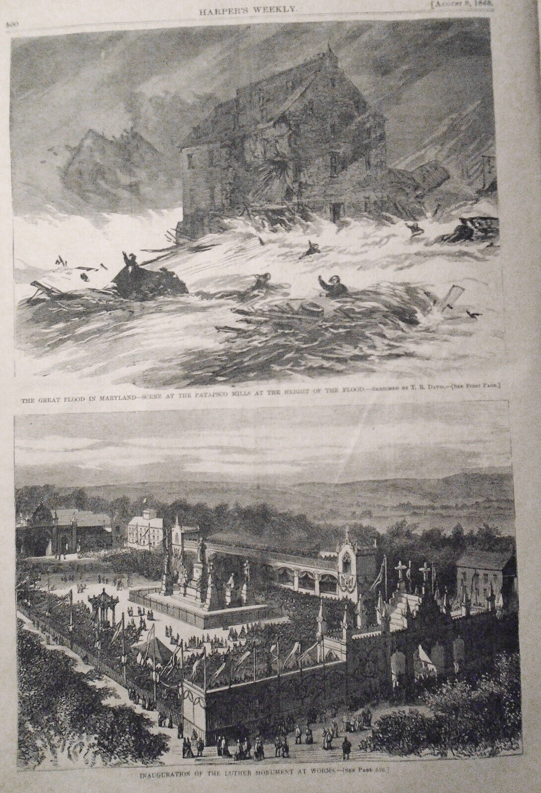 Harper's Weekly August 8, 1868 - Original - Maryland Flood; Polar Bear Hunt, etc