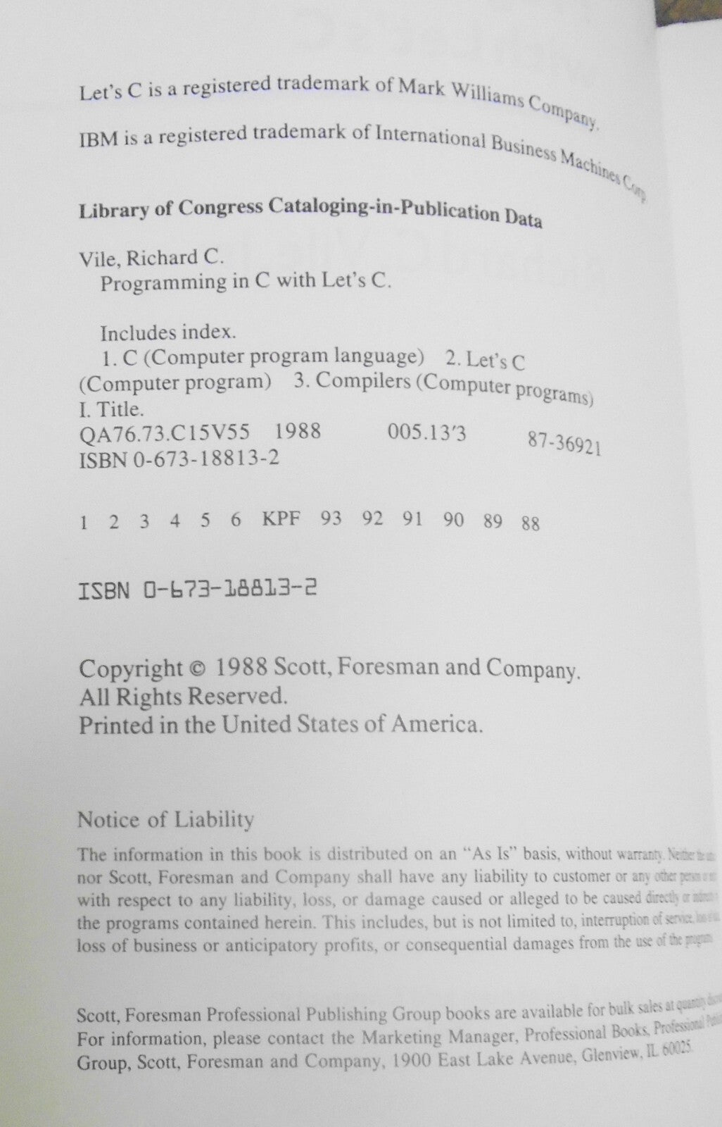 Programming in C with Let's C, by Richard C. Vile. 1988 First edition, softcover