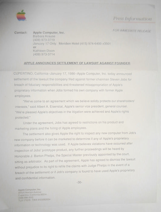 Apple announces settlement of lawsuit against Steve Jobs - Press Release 1986