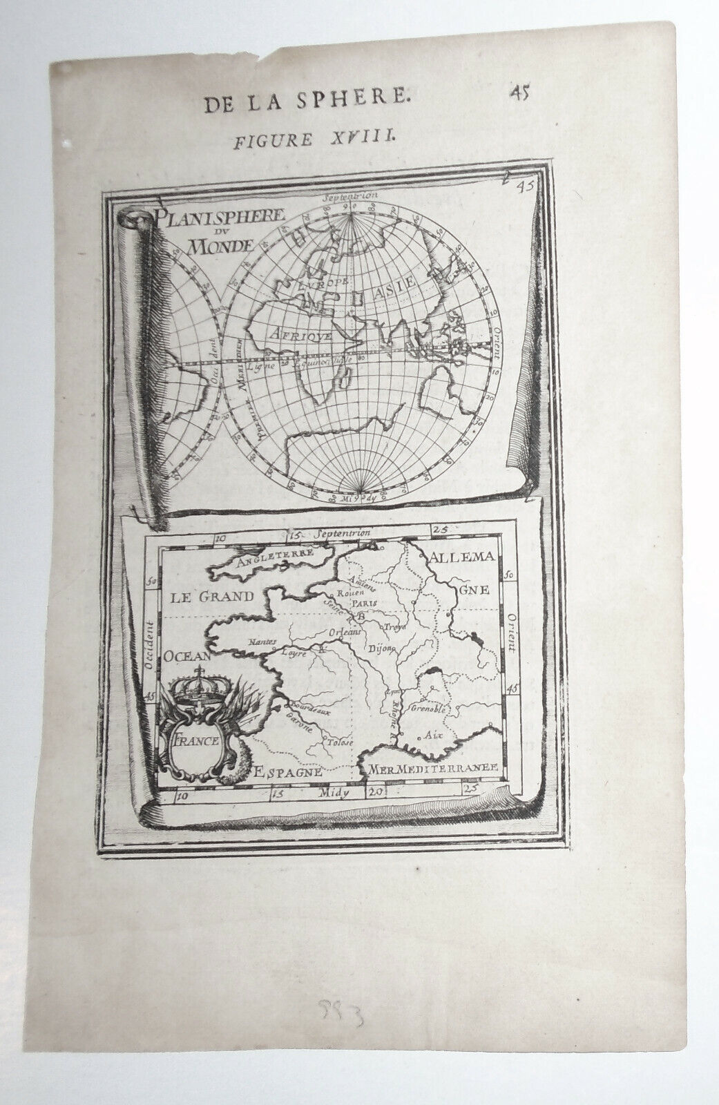 1683 Mallet Antique Map Planisphere Du Monde & France - Original