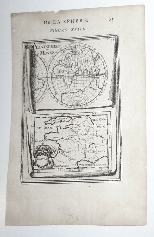 1683 Mallet Antique Map Planisphere Du Monde & France - Original