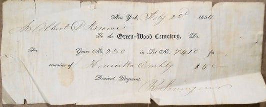 1854 Green-Wood Cemetery, Brooklyn, NYC, $6 Receipt to Albert Brown for Grave