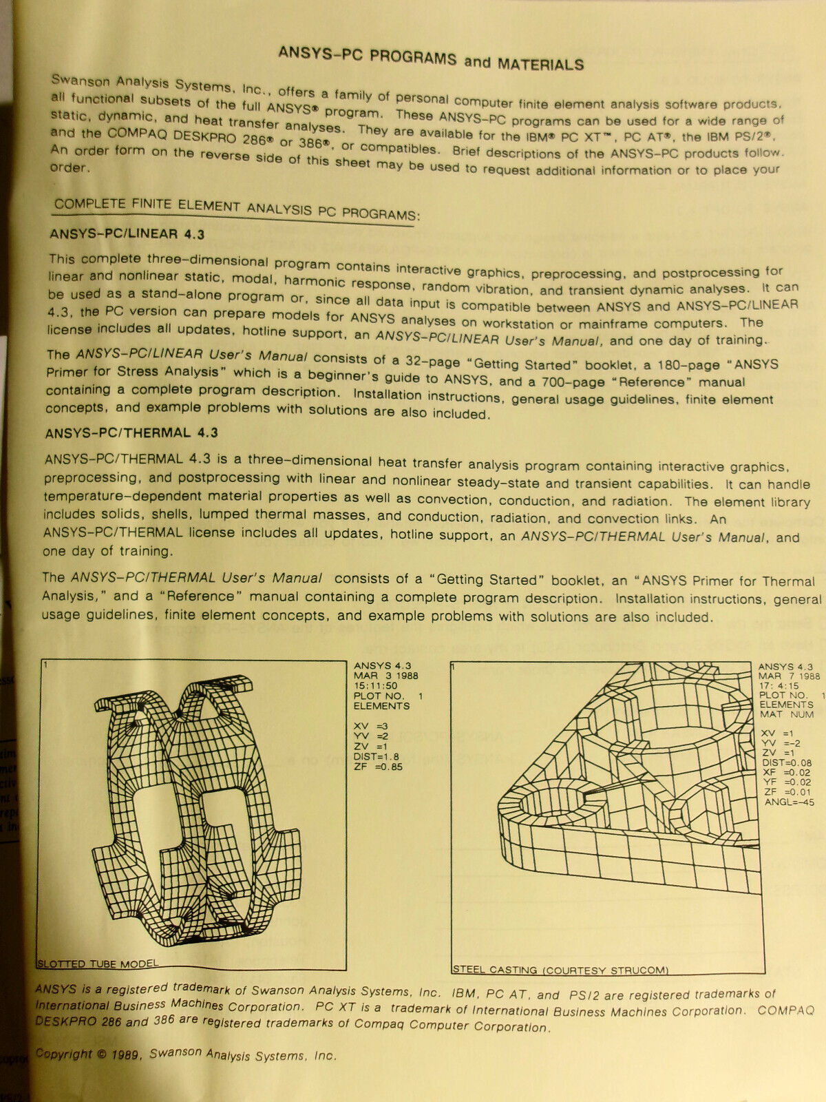 ANYSYS-PC Finite Element Analysis software Promo literature folder 1989.