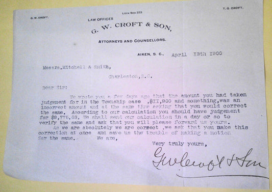 1900 Letter from G. W. Croft & Son., Attorneys Counsellors Aiken, South Carolina
