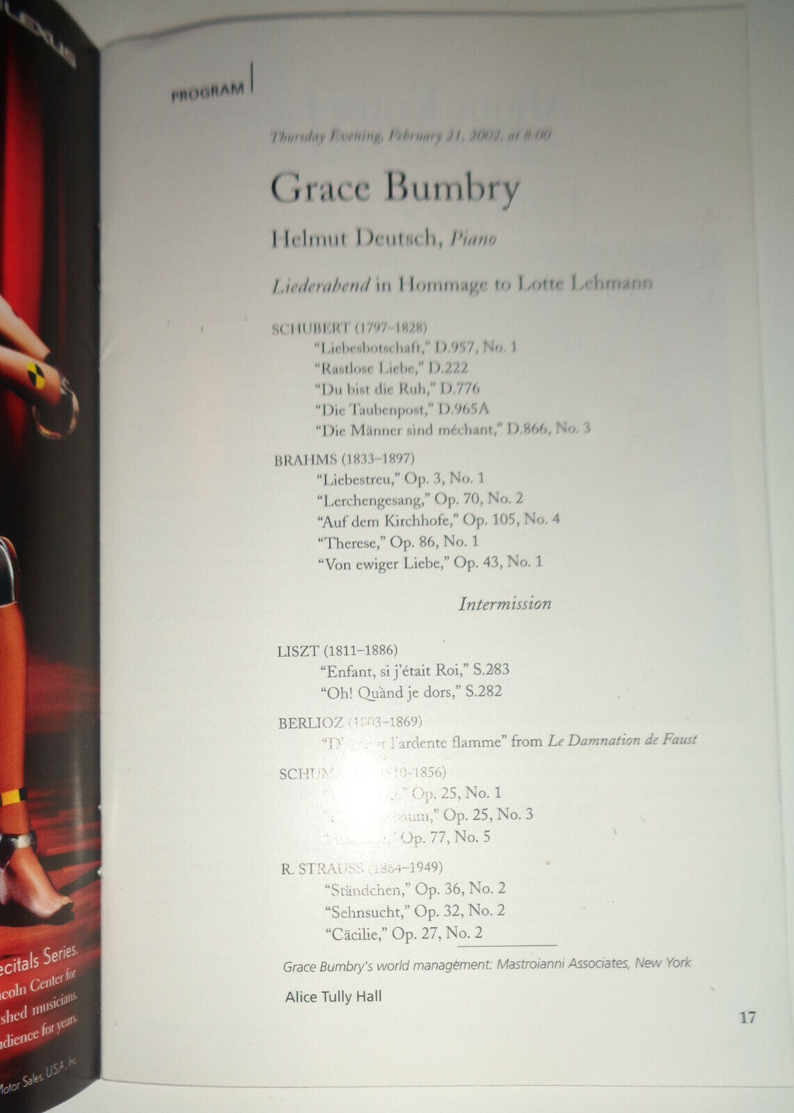 GRACE BUMBRY - LINCOLN CENTER STAGEBILL - FEB 21, 2002 Hommage to Lotte Lehmann