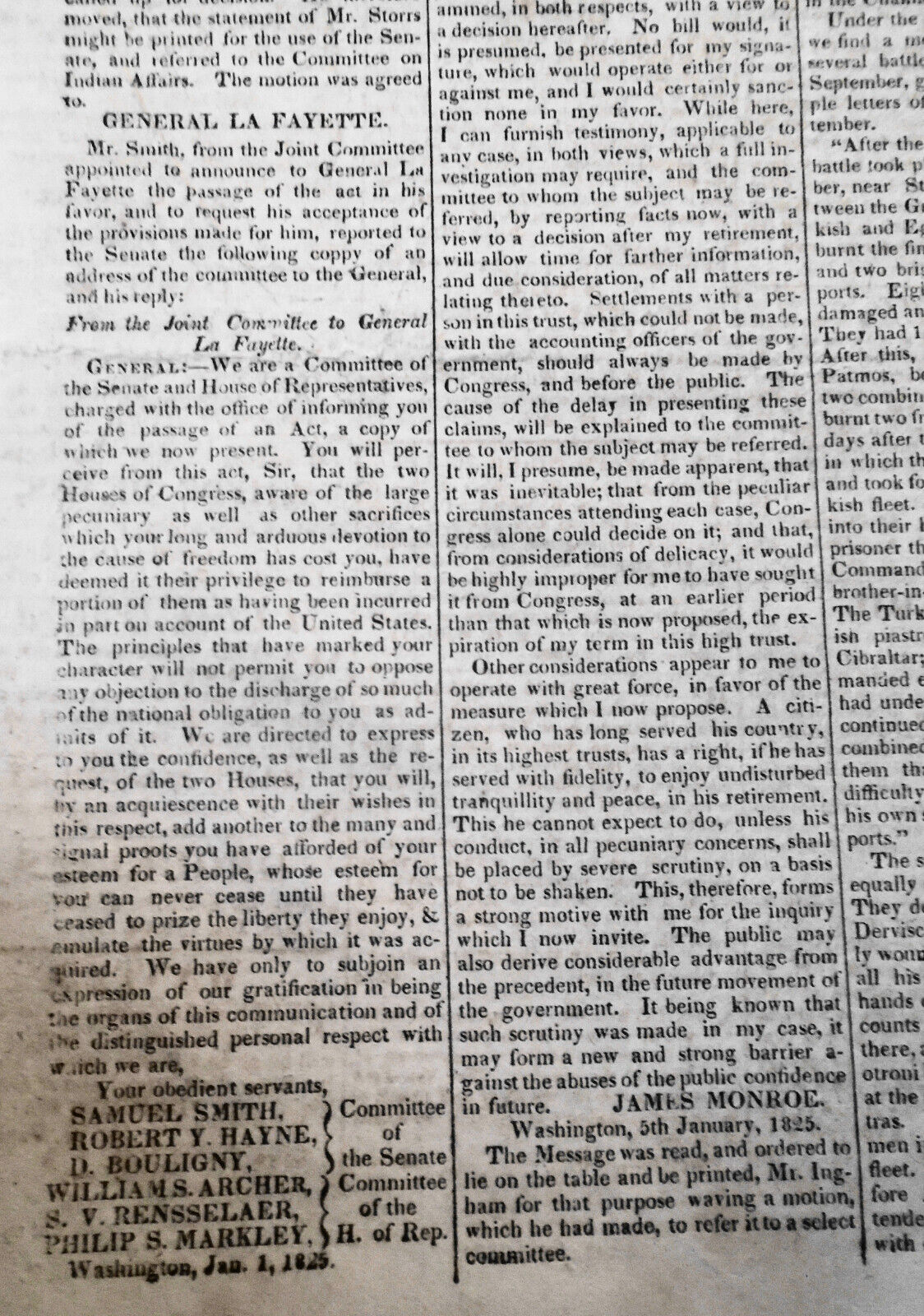 Utica Sentinel, January 18, 1825. General Lafayette Act in Congress & response..