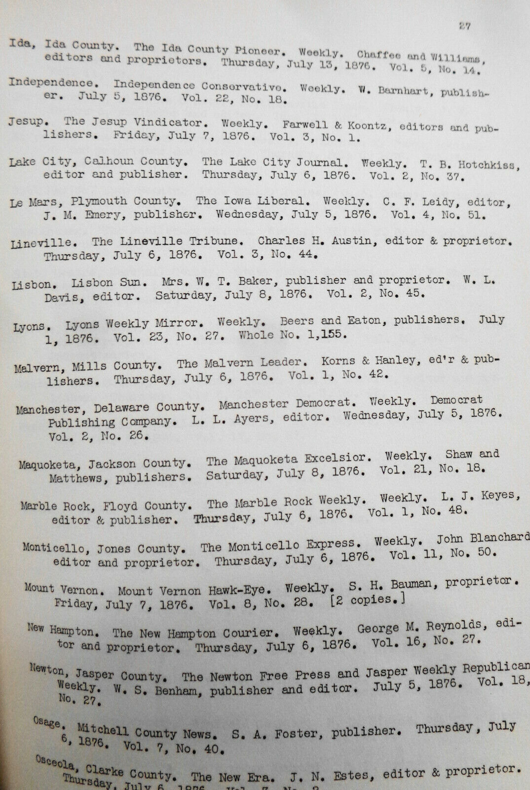 1939 WPA Check list of Kellogg collection of "Patent inside" newspapers of 1876