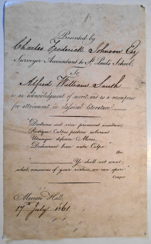 1861 St. Paul's School  Ex Libris Bookplate / Award Presentation certificate