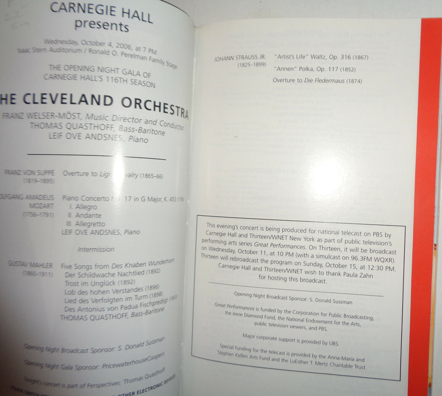 THE CLEVELAND ORCHESTRA - CARNEGIE HALL PLAYBILL - OCT 4, 2006 THOMAS QUASTOFF