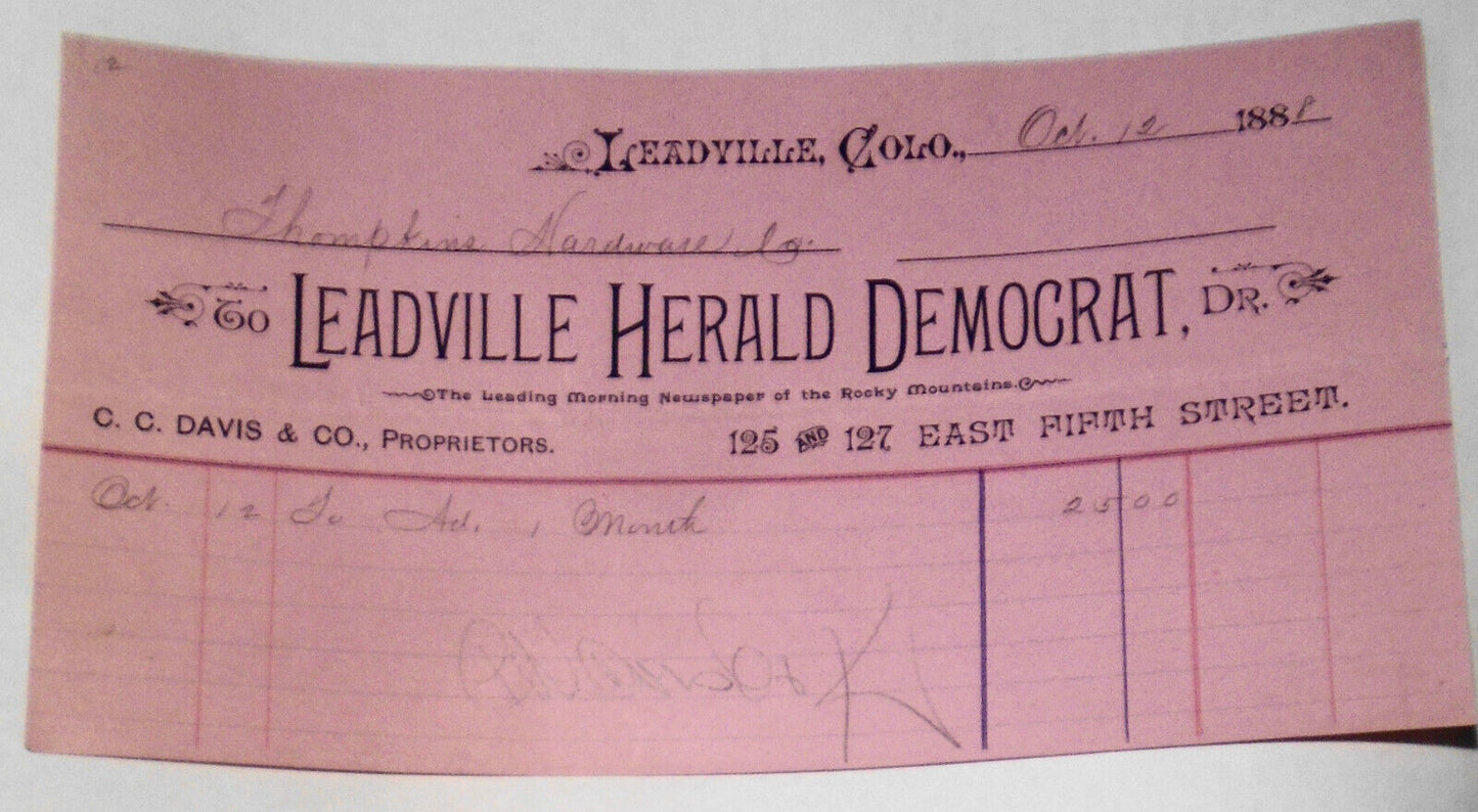 1888 original Billhead receipt,  from Leadville Herald Democrat, Colorado
