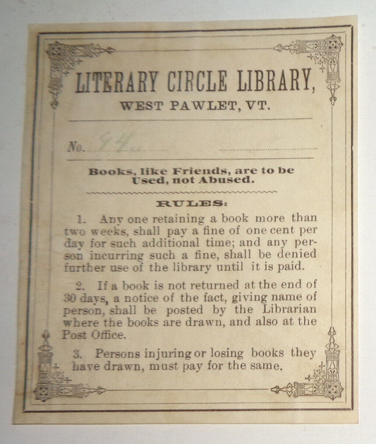 Literary Circle Library, West Pawlet, Vermont - Ex Libris Bookplate - circa 1883
