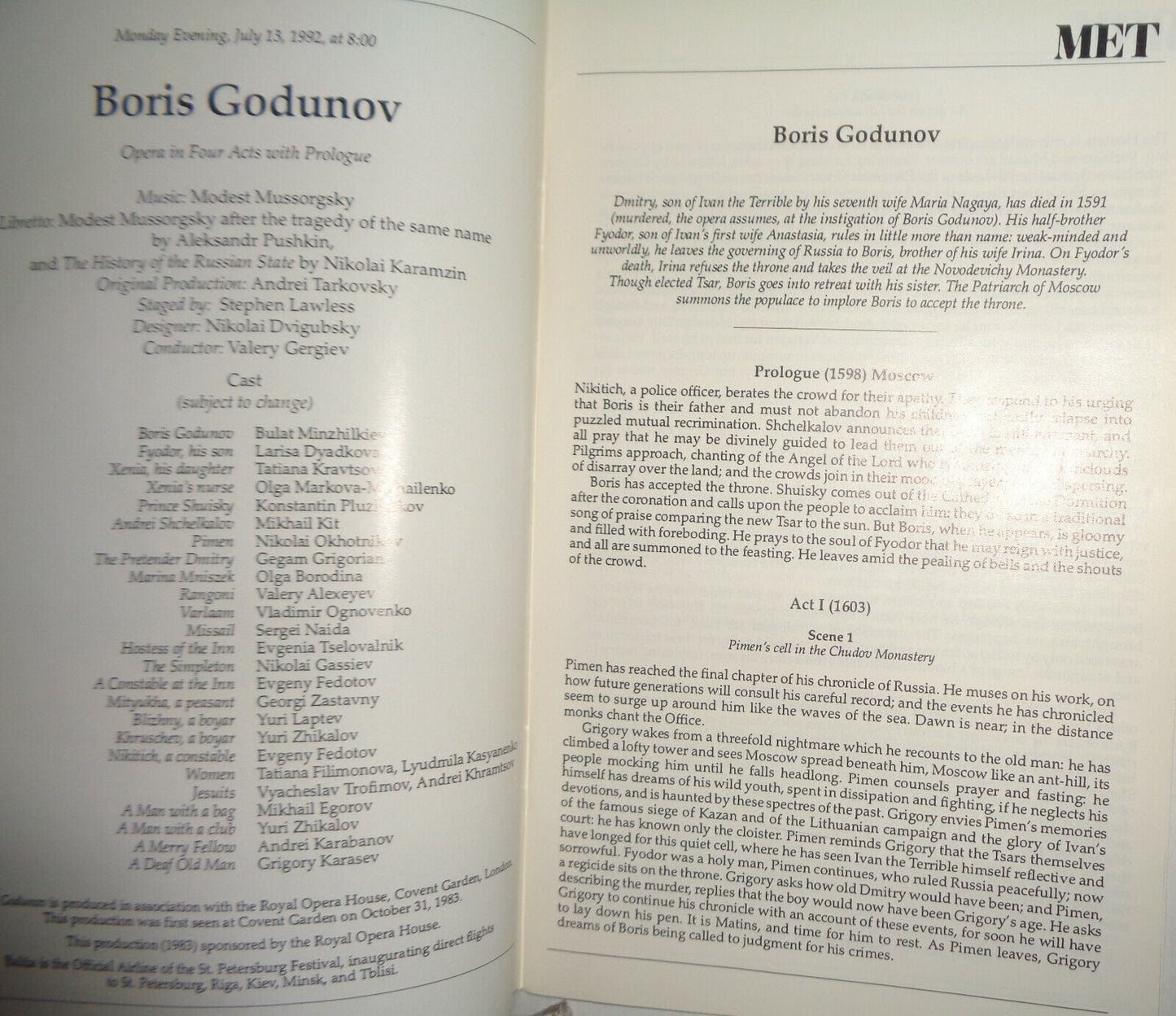 THE KIROV OPERA - BORIS GODUNOV - METROPOLITAN OPERA STAGEBILL - JULY 13, 1992