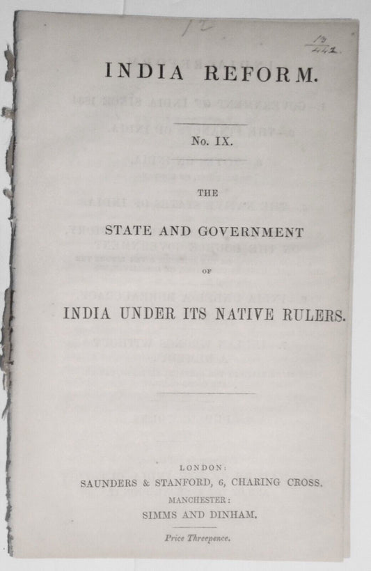 India Reform: The State and Government of India Under Its Native Rulers  [1853]
