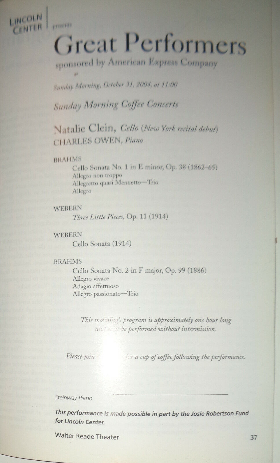 BRAHMS ON FILM: TOSCANINI AND KLEIBER - PLAYBILL - OCT 25, 2004 LINCOLN CENTER