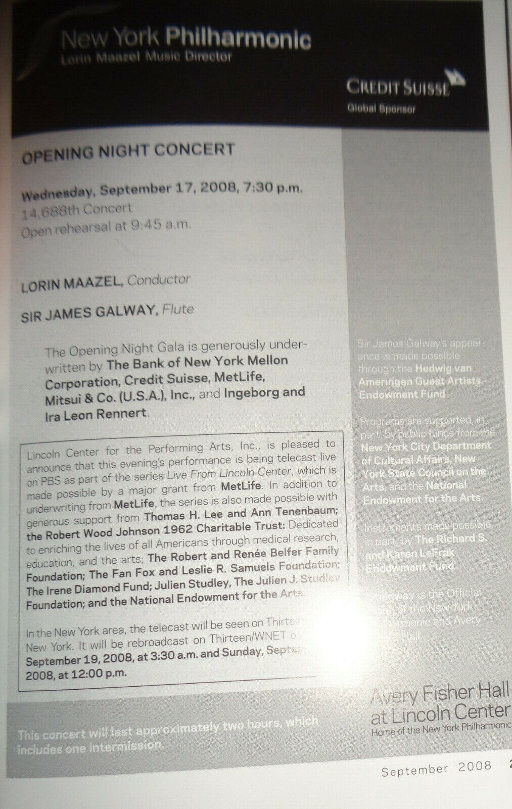 LORIN MAAZEL: A GRAND FINALE - SIR JAMES GALWAY - NY PHILHARMONIC PLAYBILL 2008