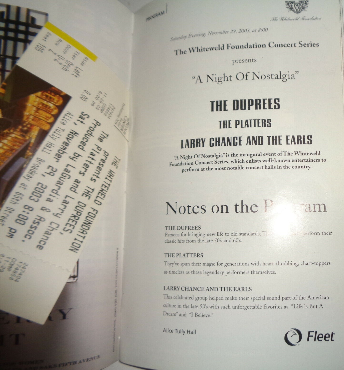 "A NIGHT OF NOSTALGIA" - THE DUPREES - THE PLATTERS - THE EARLS, PLAYBILL - 2003