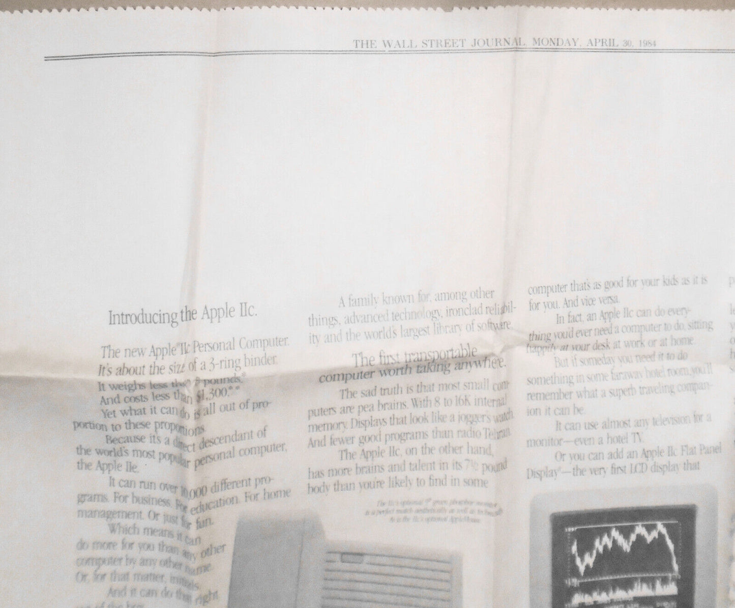 Apple announces the IIc computer; ad in The Wall Street Journal, April 30, 1984.