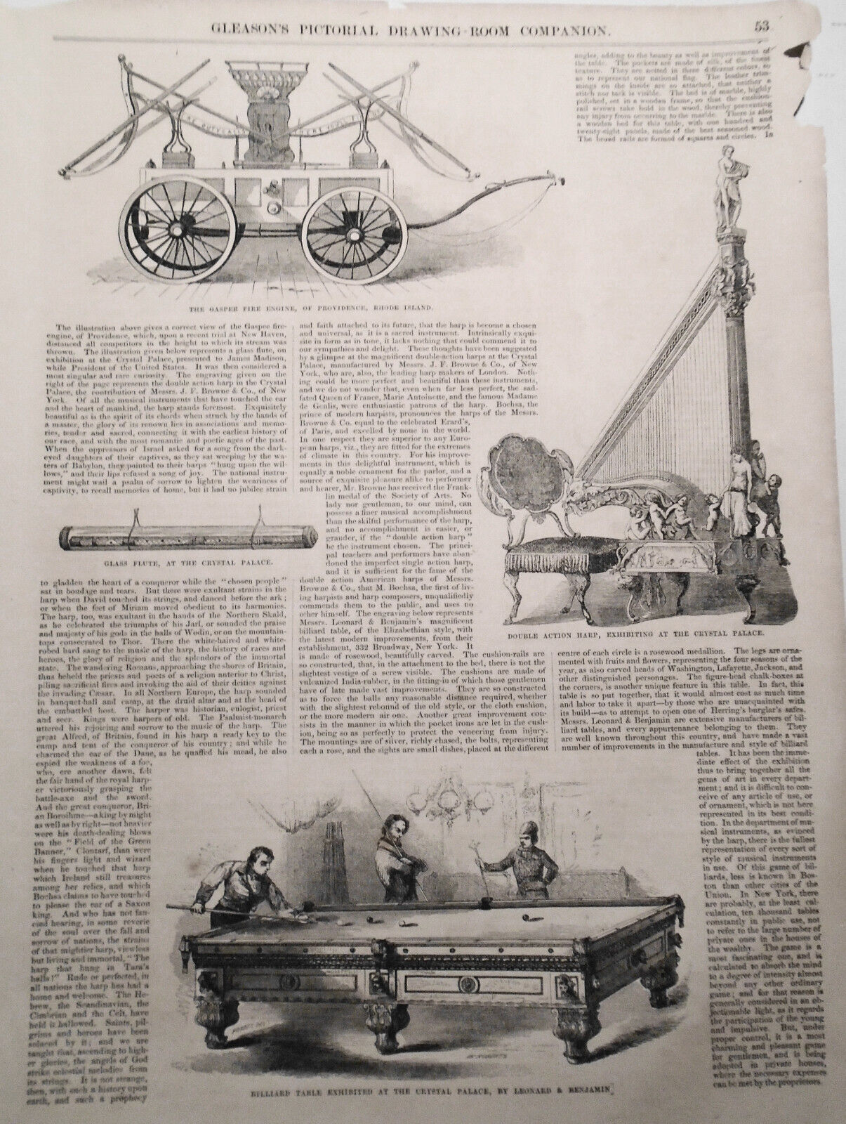 Gaspee Fire Engine; Billiard Table - At Crystal Palace -Gleason's Pictorial 1853