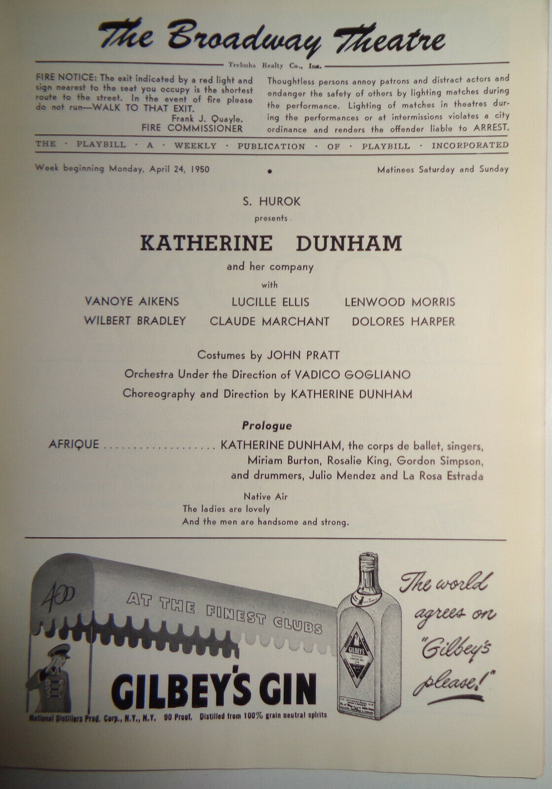 KATHERINE DUNHAM & HER COMPANY S. Hurok presents - THE PLAYBILL - APRIL 24, 1950
