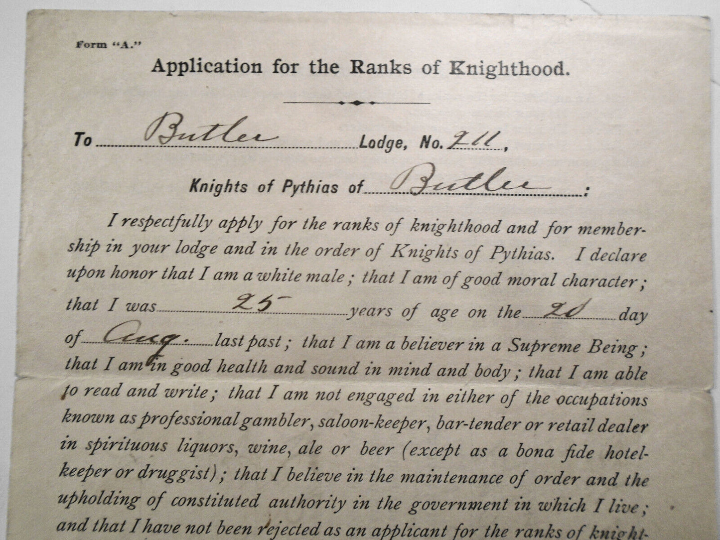 1906 Application for Ranks of Knighthood; Butler Lodge, Knights of Pythias, PA