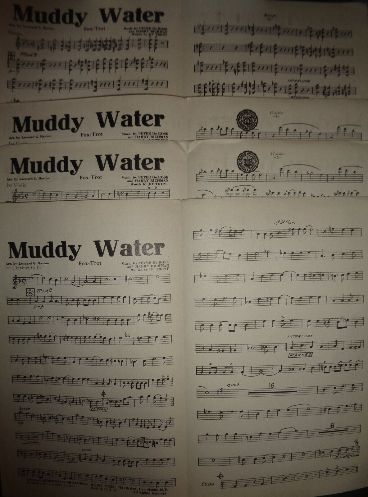 MUDDY WATER - A MISSISSIPPI MOAN, BY PETER DE ROSE, 1926, FOR ORCHESTRA