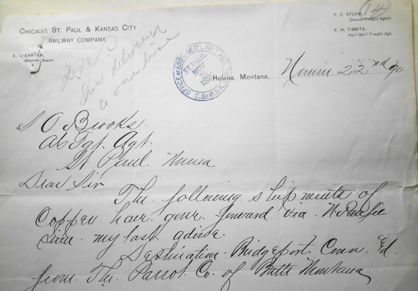 1890 Chicago St. Paul & Kansas City Railway Company letter - shipment of copper