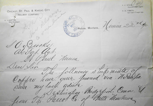 1890 Chicago St. Paul & Kansas City Railway Company letter - shipment of copper