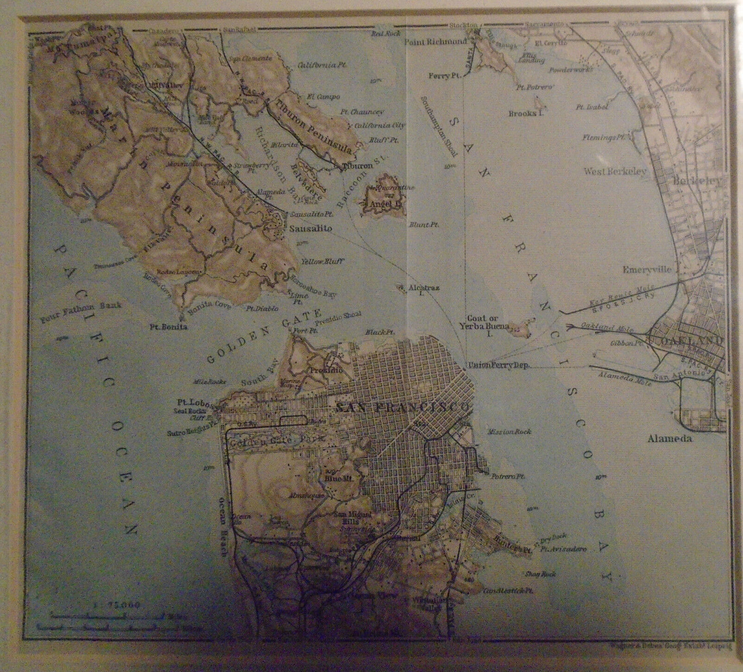 San Francisco Bay 1909 original antique map. Lithograph. Baedeker / Wagner Debes