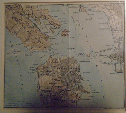San Francisco Bay 1909 original antique map. Lithograph. Baedeker / Wagner Debes