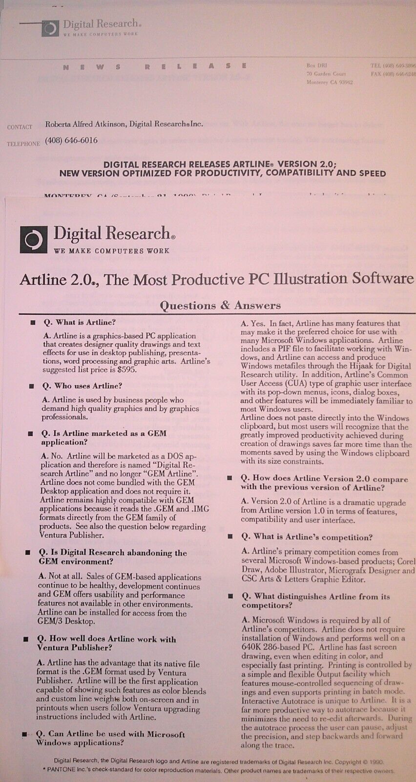 Digital Research Press Kit, 1990 - Artline, Dr. Dos & Presentation Team.