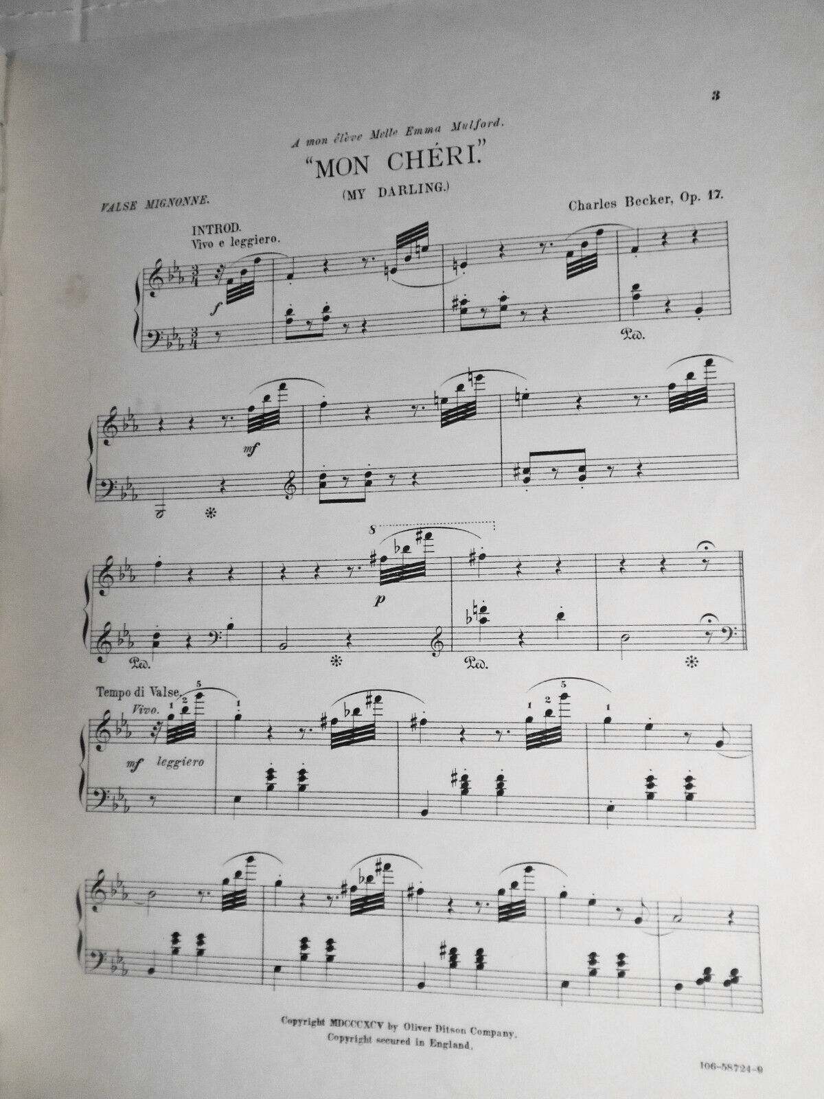 Mon cheri ... Valse mignonne pour piano. Op. 17, by Charles Becker. 1895