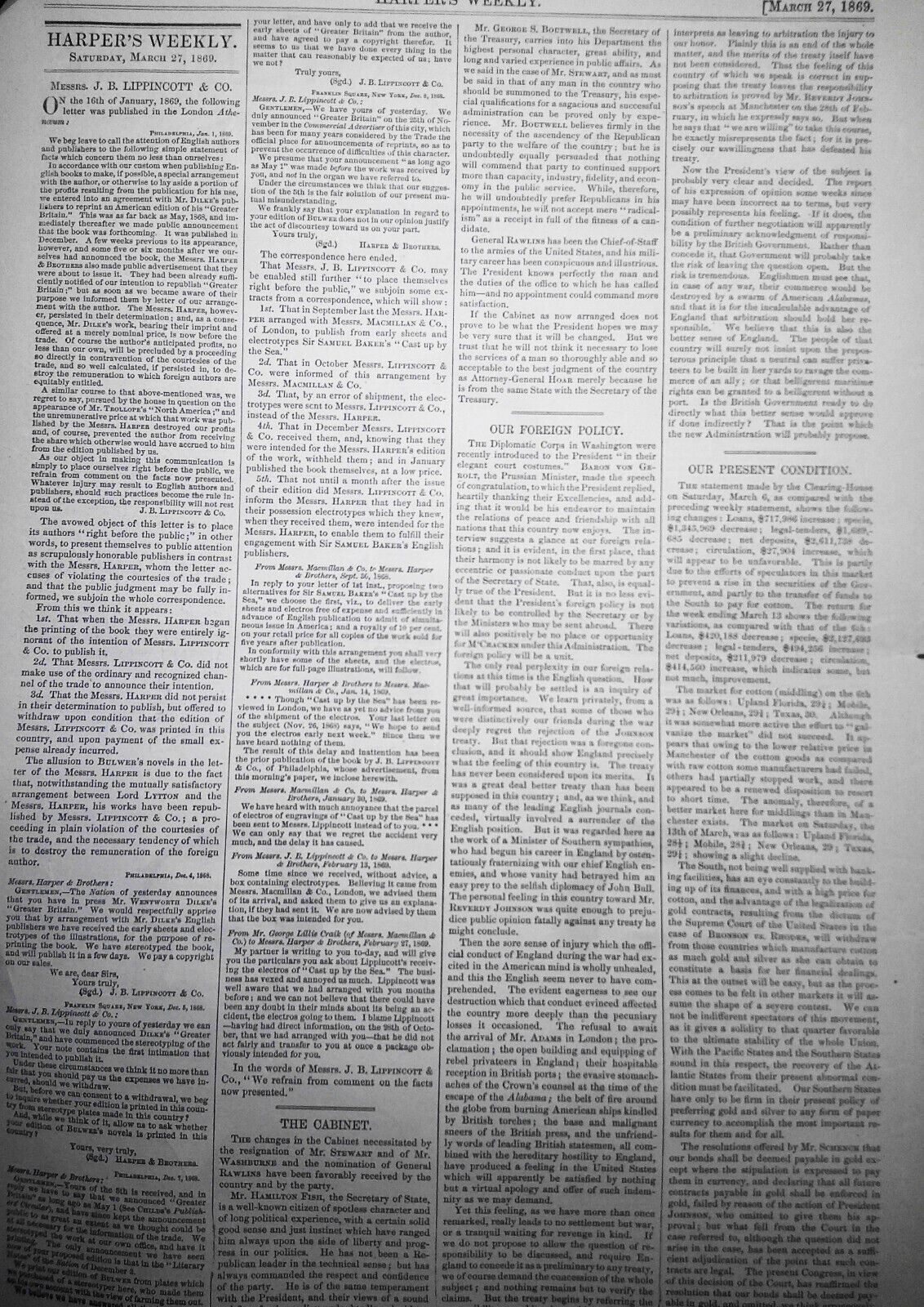 Harper's Weekly March 27, 1869 - Reconstructed cabinet; Arlington Cemetery; etc