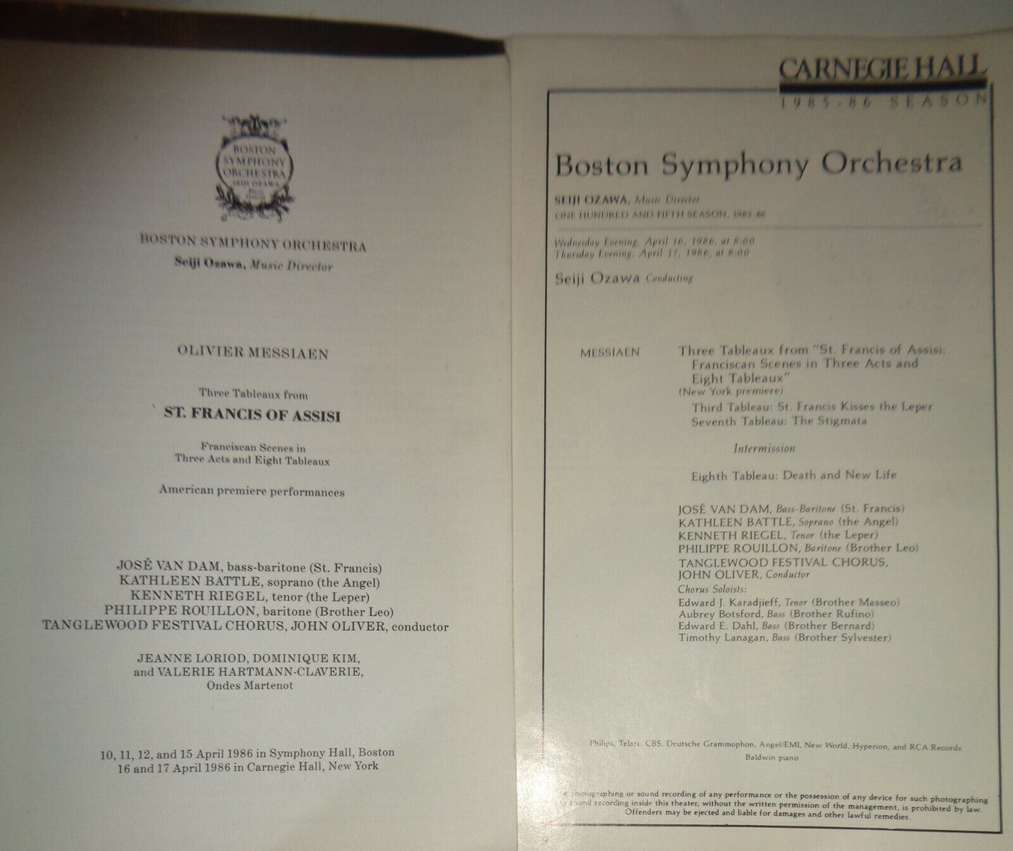 BOSTON SYMPHONY ORCHESTRA - STAGEBILL APRIL 1986 - KATHLEEN BATTLE, SEIJI OZAWA