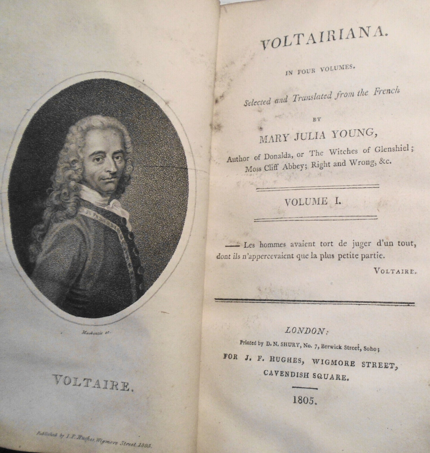 [Voltaire] Voltairiana, by Mary Julia Young - 4 Volumes, 1805 first edition