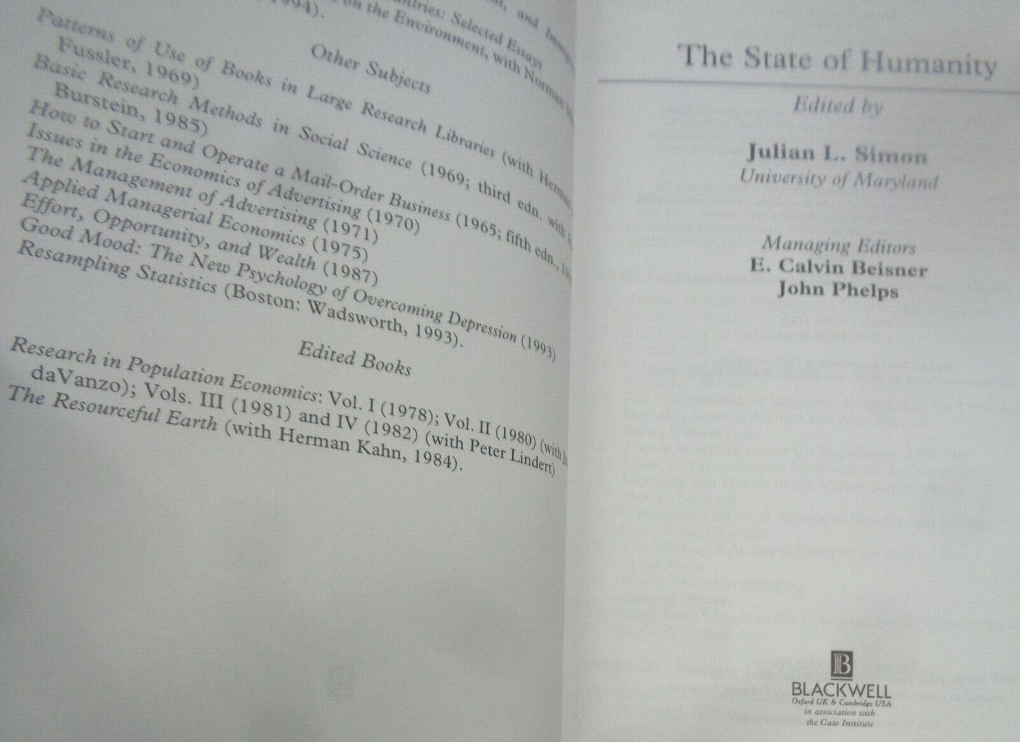 The State of Humanity, by Julian L Simon. First Edition 1995. Hardcover/DJ