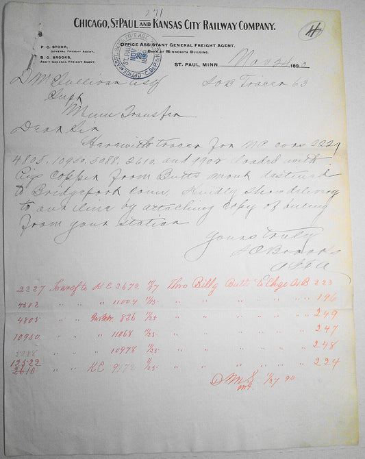 1899 Chicago, St. Paul & Kansas Railway Company Tracer, on Letterhead
