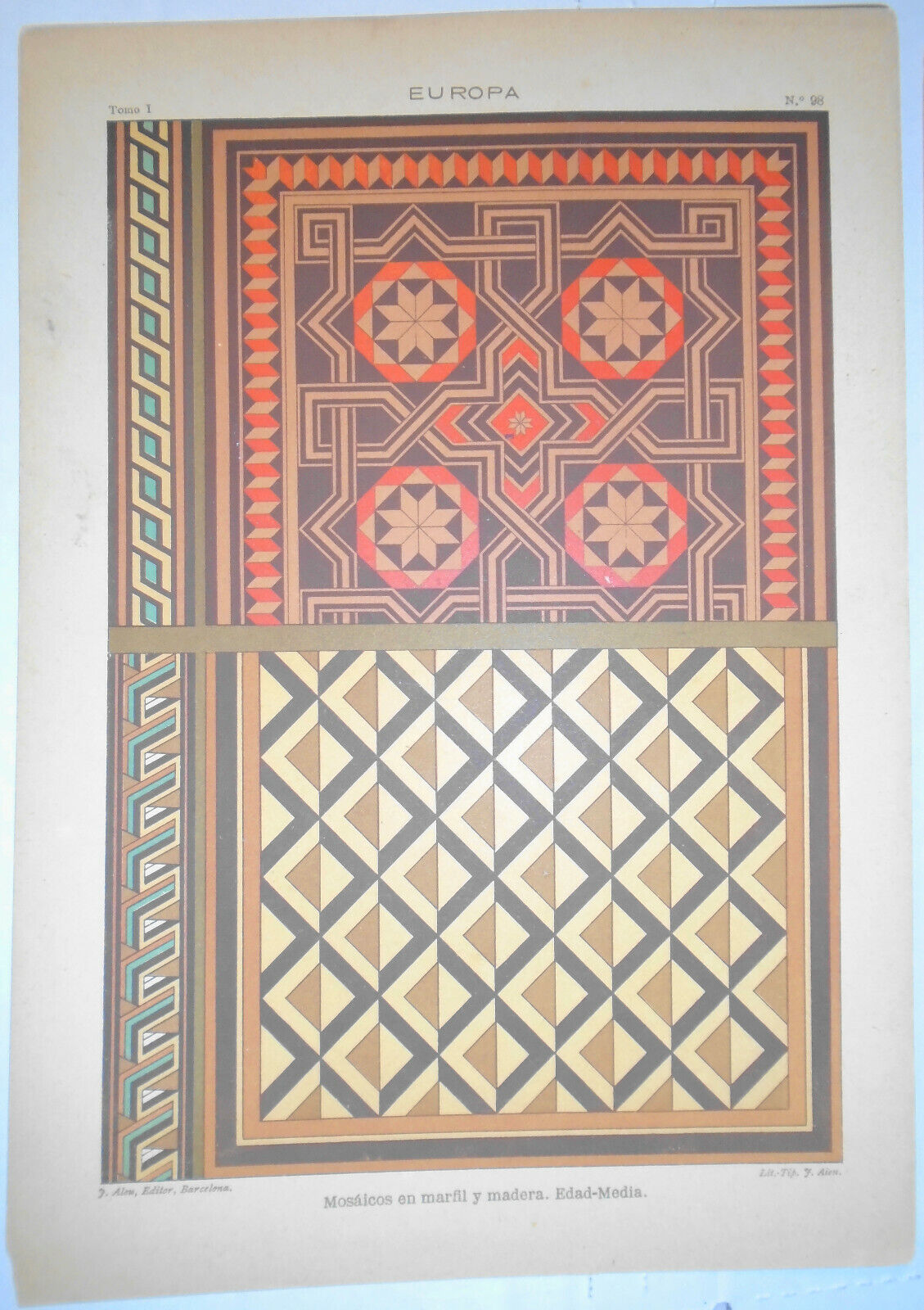 EUROPA Mosaicos - lot of three lithographs circa 1890 by J. Aleu, Barcelona.
