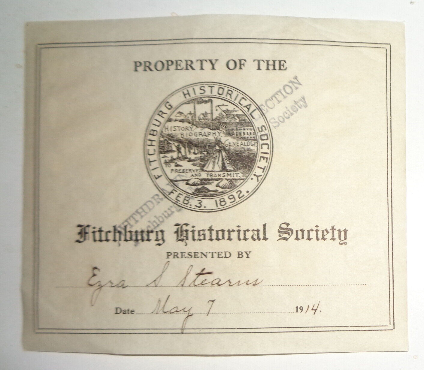 Fitchburg Historical Society - Ex Libris Bookplate - 1914 Gift