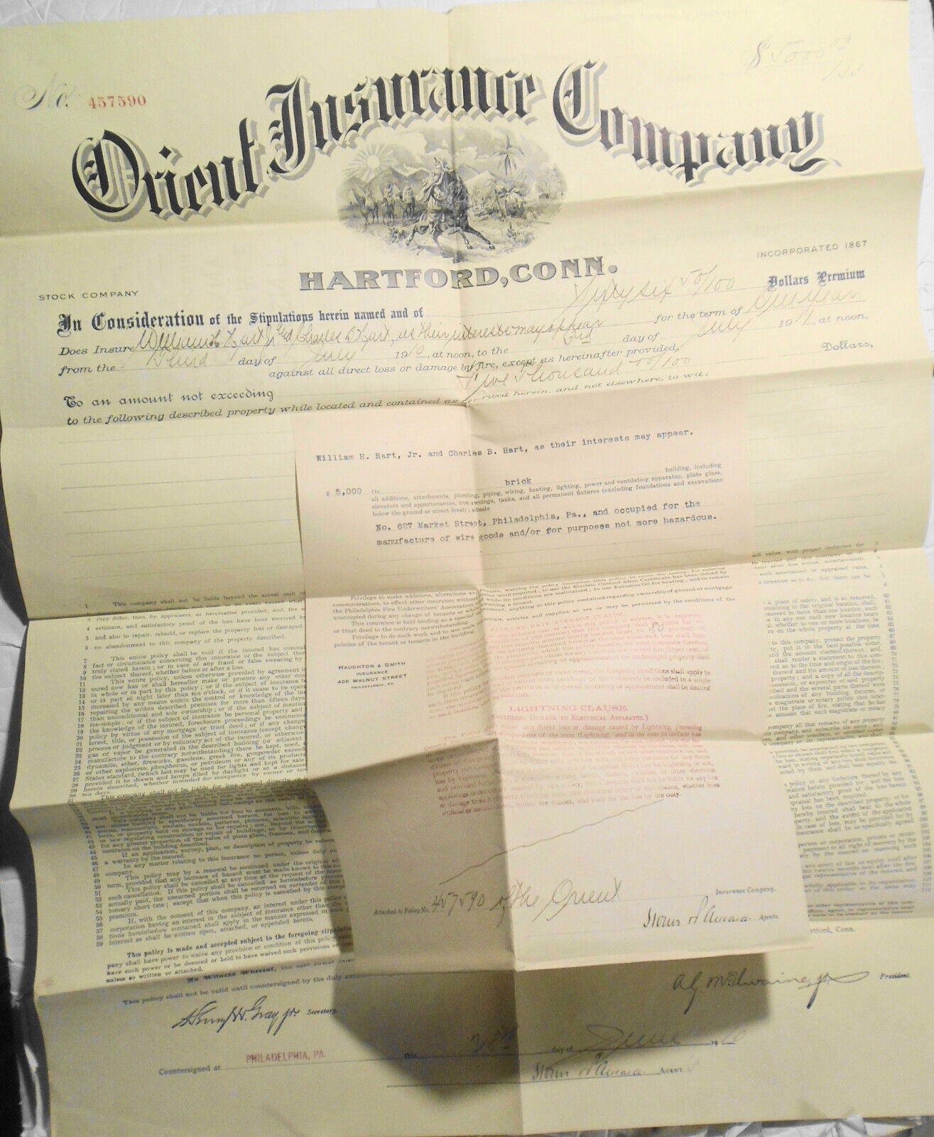 1910 Orient Insurance Co. Hartford Connecticut. Fire Insurance Policy Document