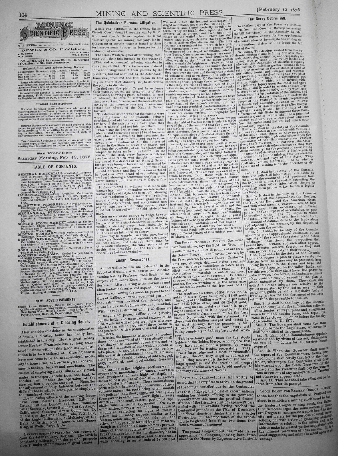 Mining and Scientific Press Feb 12, 1876. Edison's "New Force"; Mining Debris...