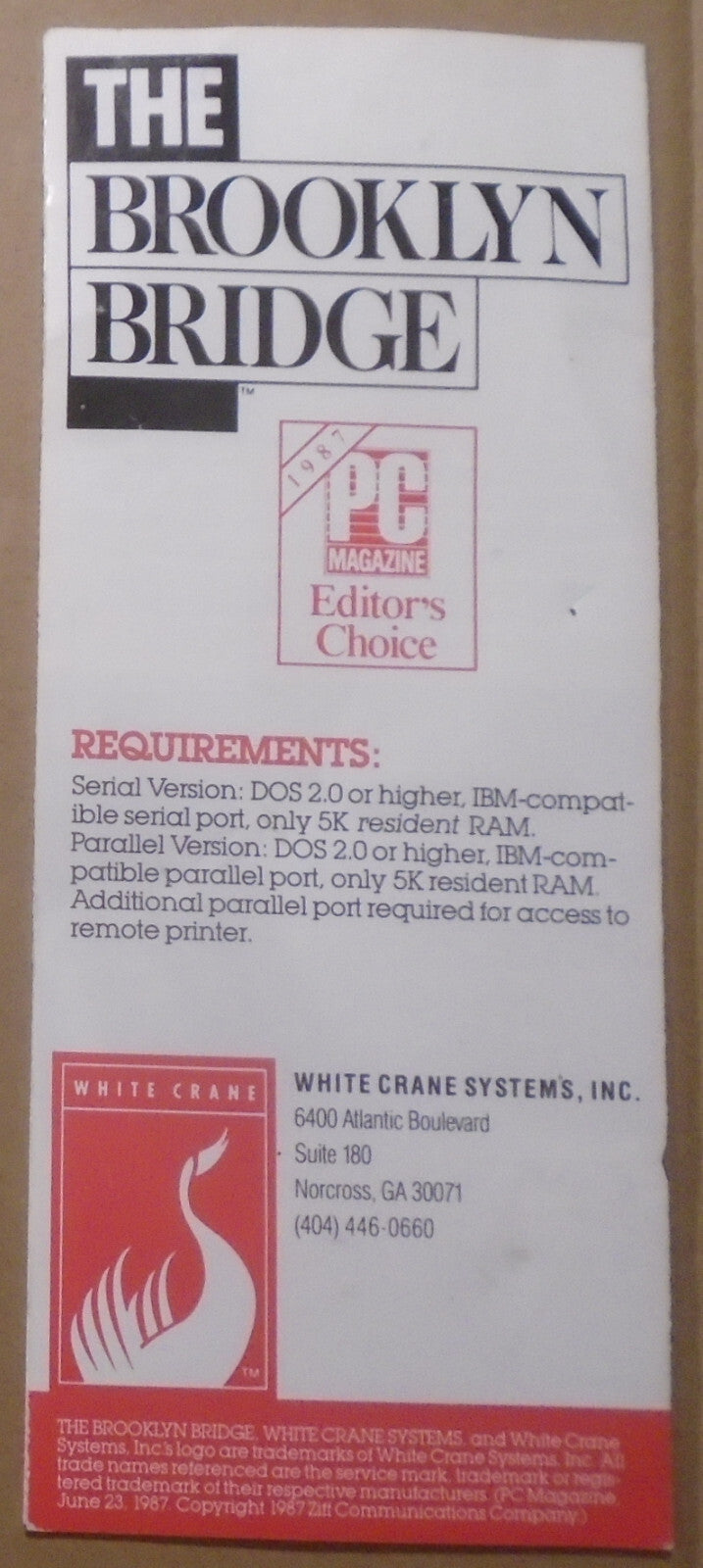 1987 The Brooklyn Bridge, by White Crane  Systems - 2 brochures, press release.