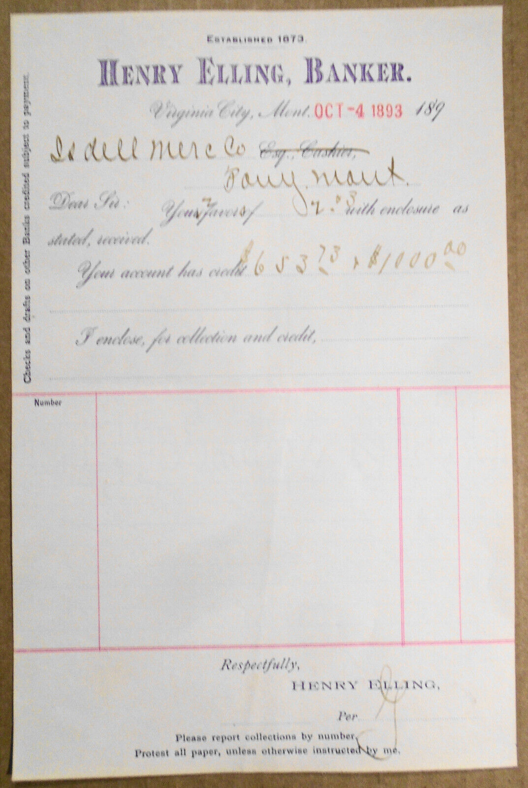 1893 Henry Elling, Banker - Billhead Receipt, Virginia City, Montana. Original