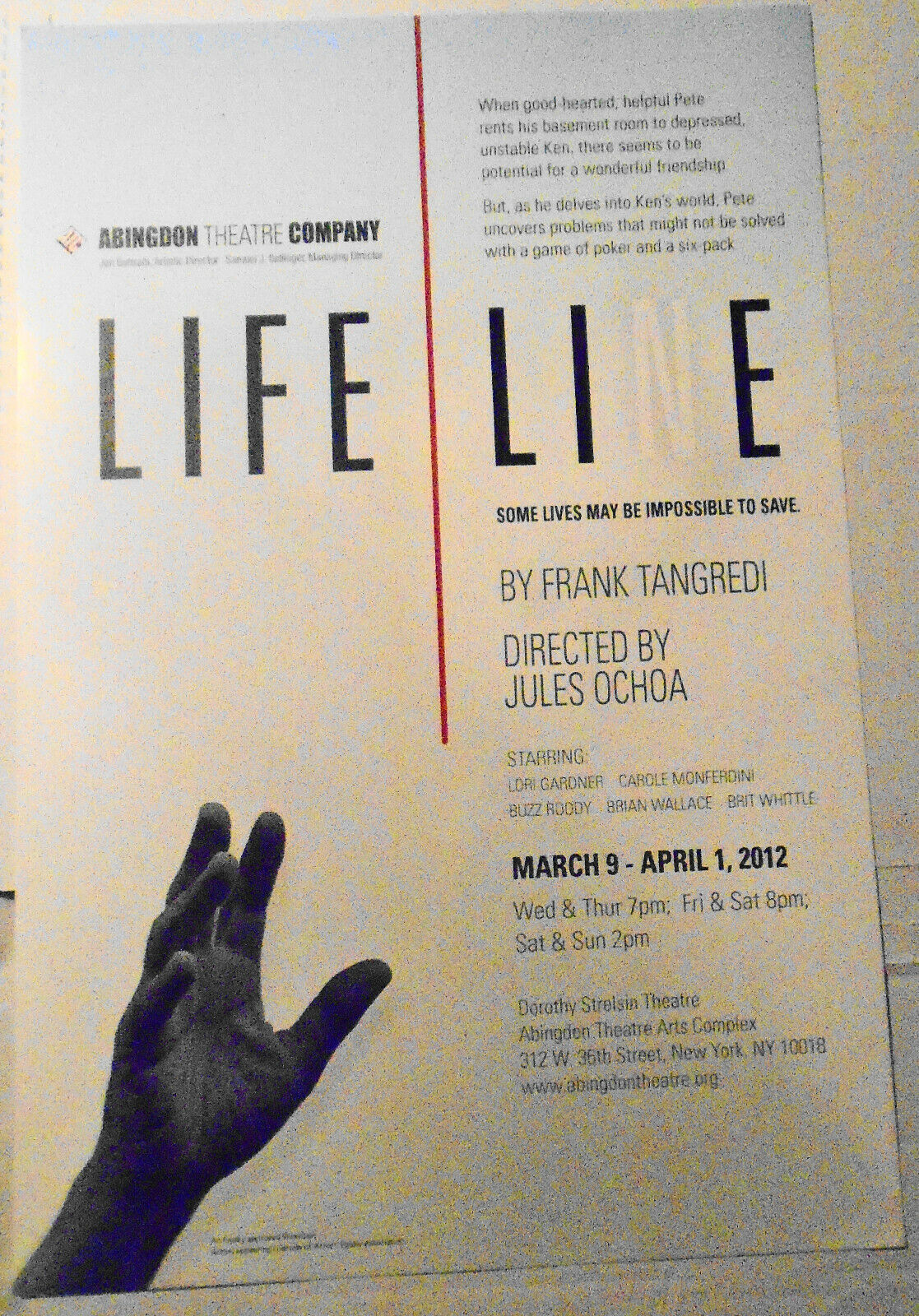 LIFELINE - 2012 poster, Dorothy Strelsin Theatre, New York City Abingdon Company