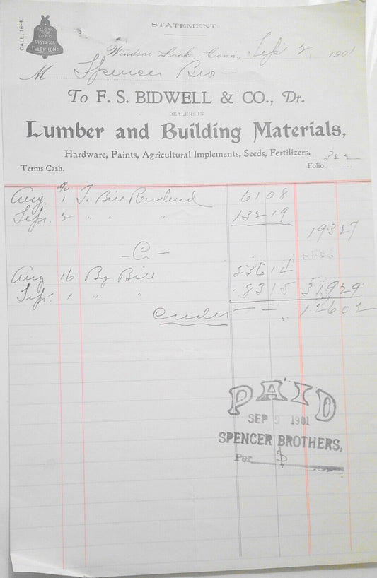 1901 F S Bidwell & Co. Lumber, Windsor Locks, CT Statement to Spencer Brothers.